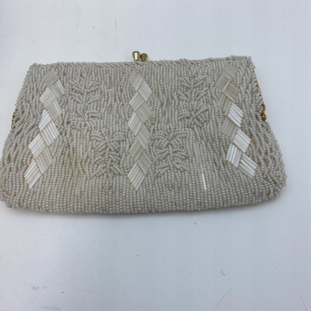 Du-Val Beaded Mini Purse  Creamy White  1950's Floral